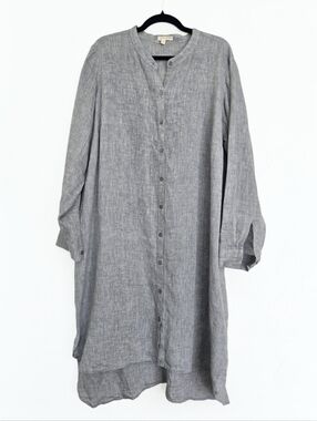 Eileen Fisher Linen Light Gray Button Up Shirt Dress, 1X